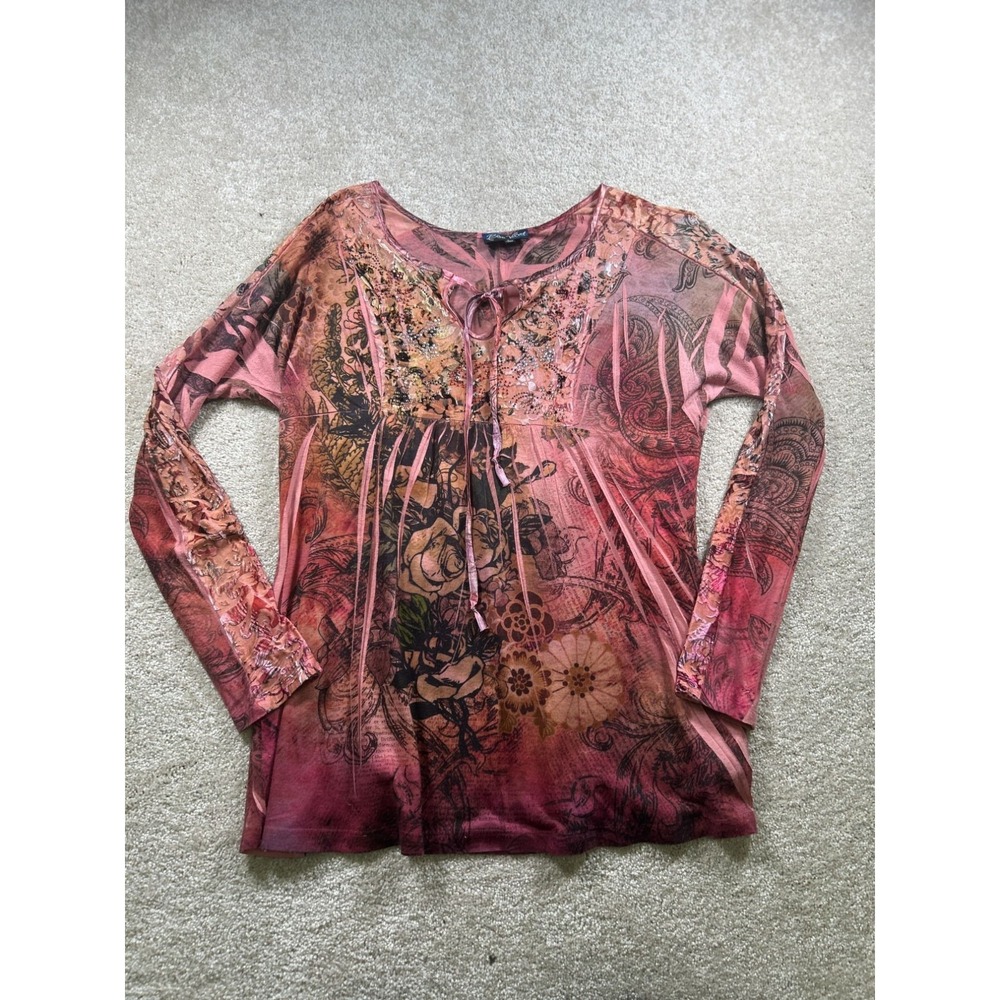 Bleu Velvet Womens Size L Floral Rhinestone Burnout Fairy Top Whimsy Bloomcore